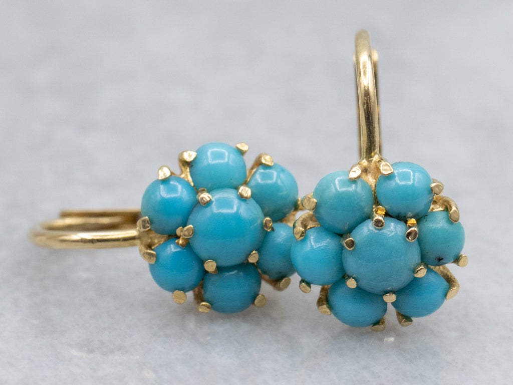 Turquoise Cluster Yellow Gold Drop Earrings