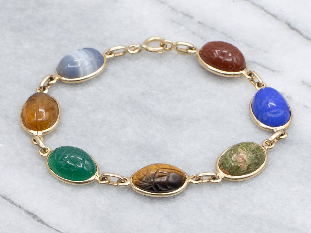 Mid-Century Multi-Stone Carved Scarab Beetle Gold Bracelet