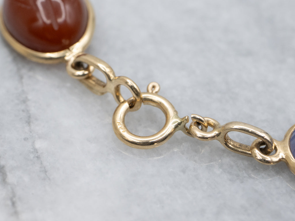 Mid-Century Multi-Stone Carved Scarab Beetle Gold Bracelet