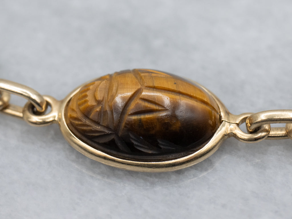 Mid-Century Multi-Stone Carved Scarab Beetle Gold Bracelet