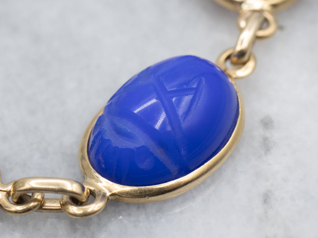Mid-Century Multi-Stone Carved Scarab Beetle Gold Bracelet