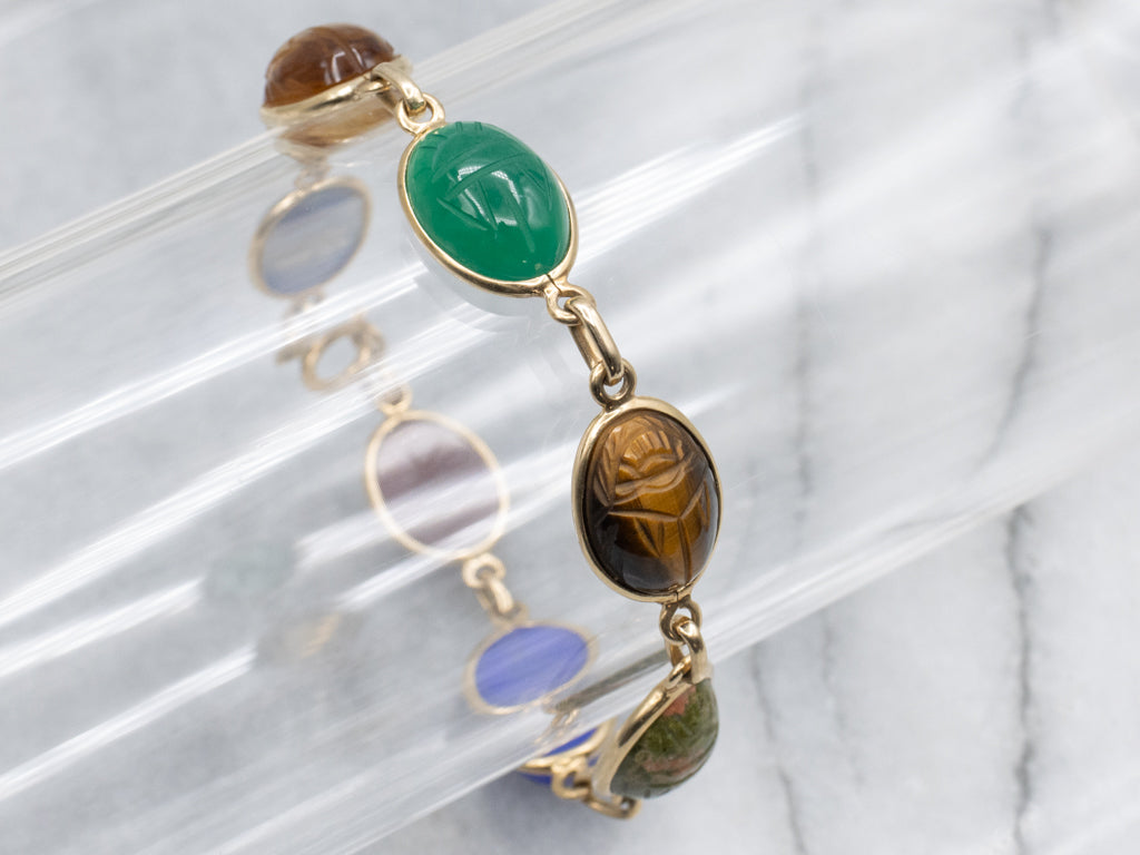 Mid-Century Multi-Stone Carved Scarab Beetle Gold Bracelet
