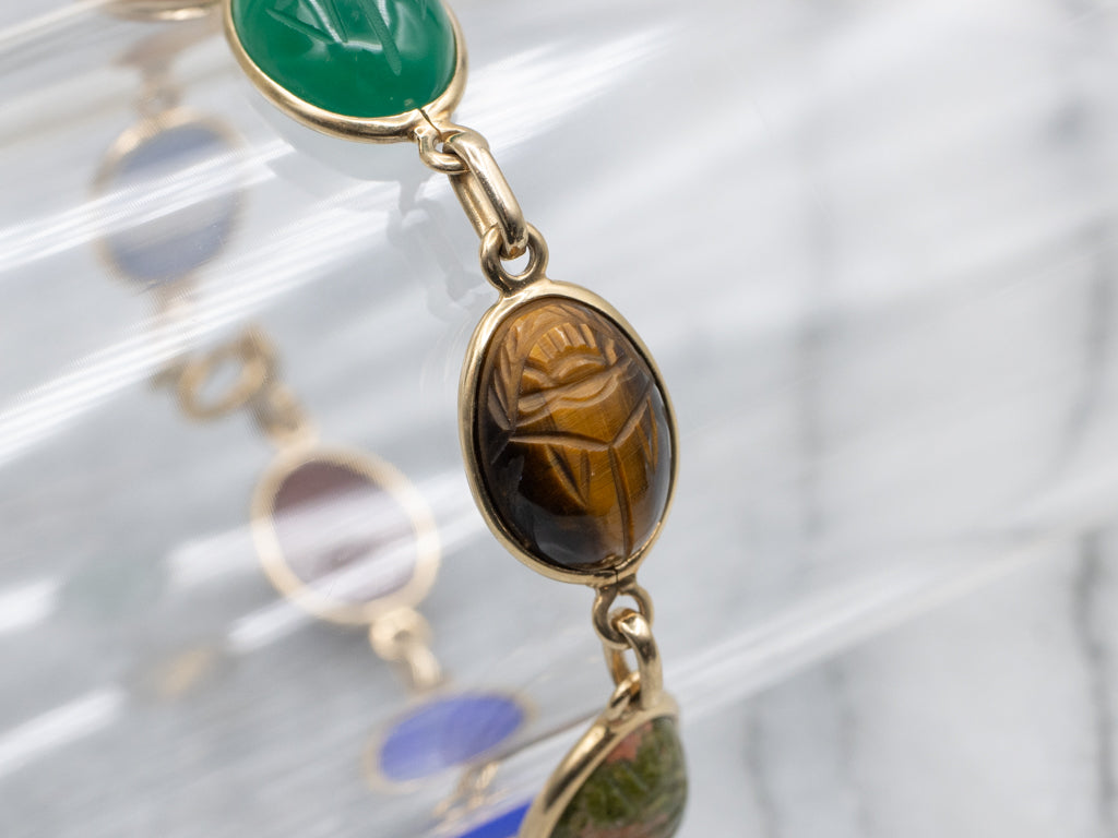 Mid-Century Multi-Stone Carved Scarab Beetle Gold Bracelet