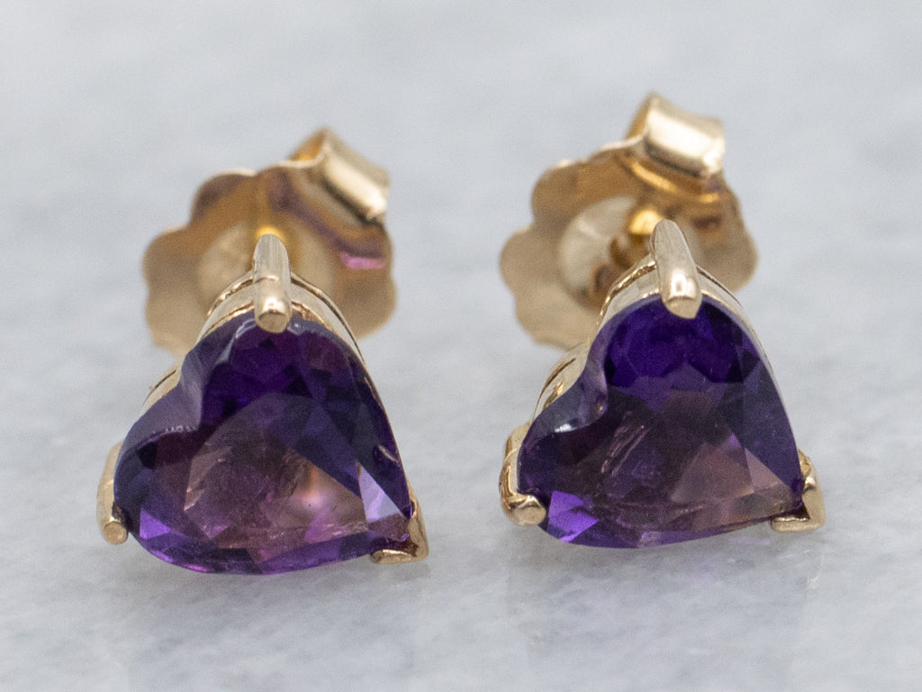 Heart-Cut Amethyst Stud Earrings in Yellow Gold