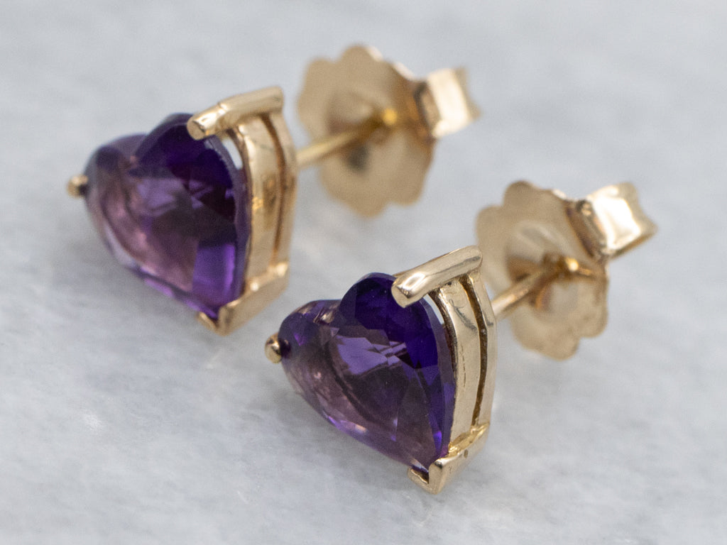 Heart-Cut Amethyst Stud Earrings in Yellow Gold
