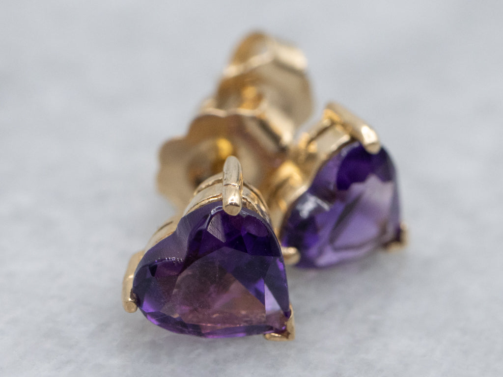 Heart-Cut Amethyst Stud Earrings in Yellow Gold