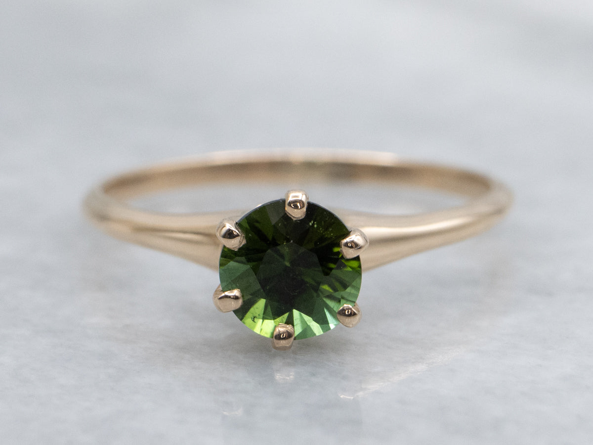Round-Cut Green Tourmaline Yellow Gold Solitaire Ring