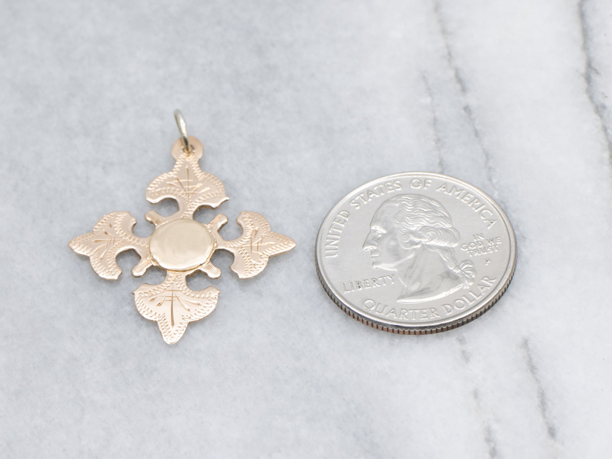 Antique Gold Maltese Cross Pendant with Engravable Center