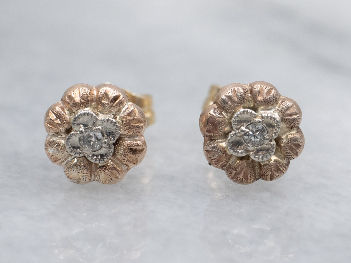 Textured Tri-Color Gold Vintage Diamond Flower Stud Earrings