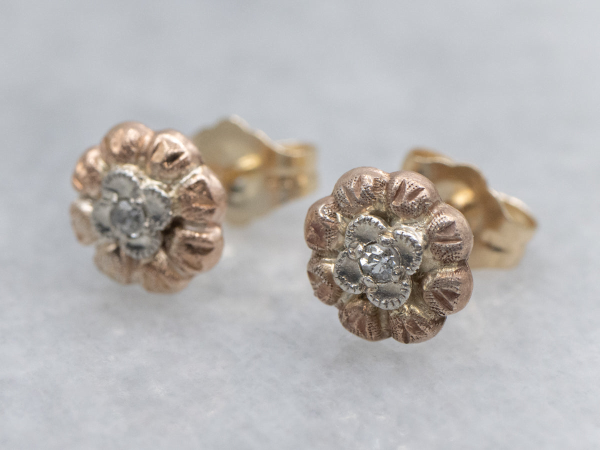 Textured Tri-Color Gold Vintage Diamond Flower Stud Earrings