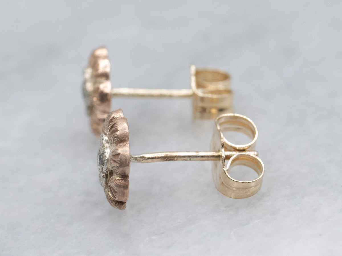Textured Tri-Color Gold Vintage Diamond Flower Stud Earrings