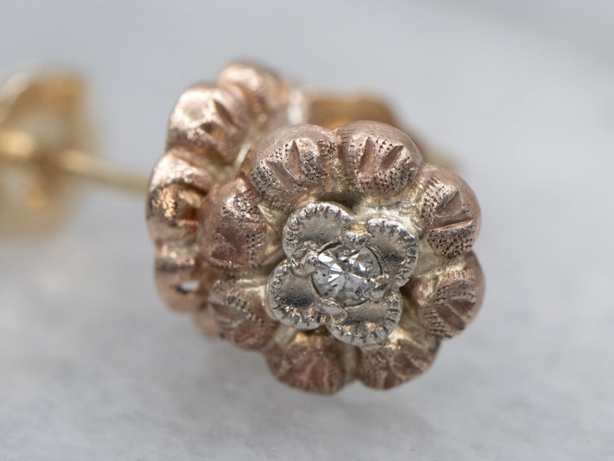 Textured Tri-Color Gold Vintage Diamond Flower Stud Earrings