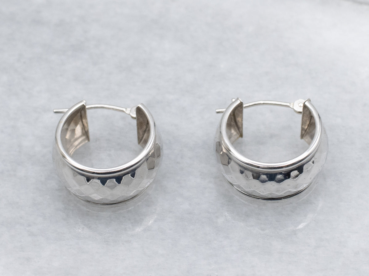 Wide Faceted White Gold Hoop Earrings