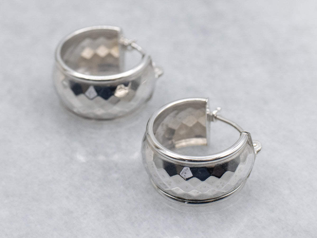 Wide Faceted White Gold Hoop Earrings