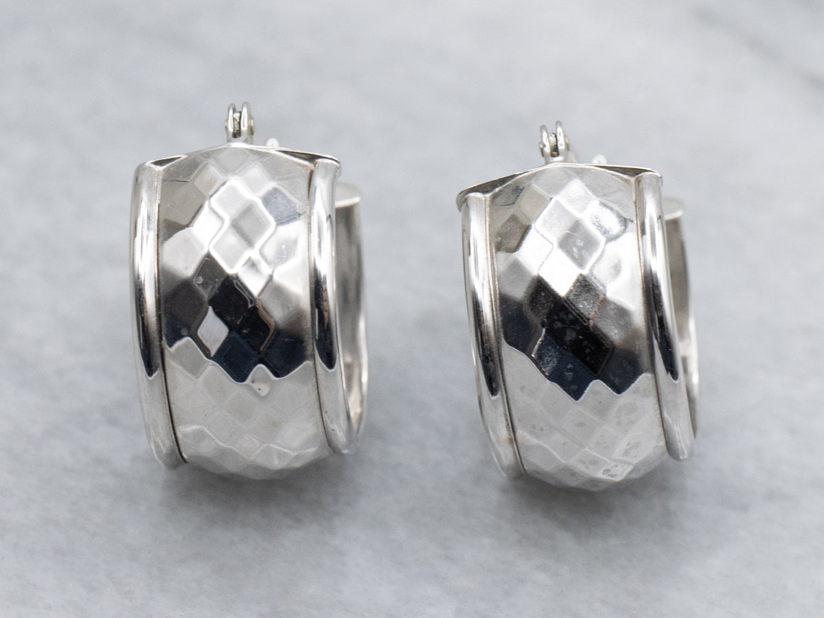 Wide Faceted White Gold Hoop Earrings