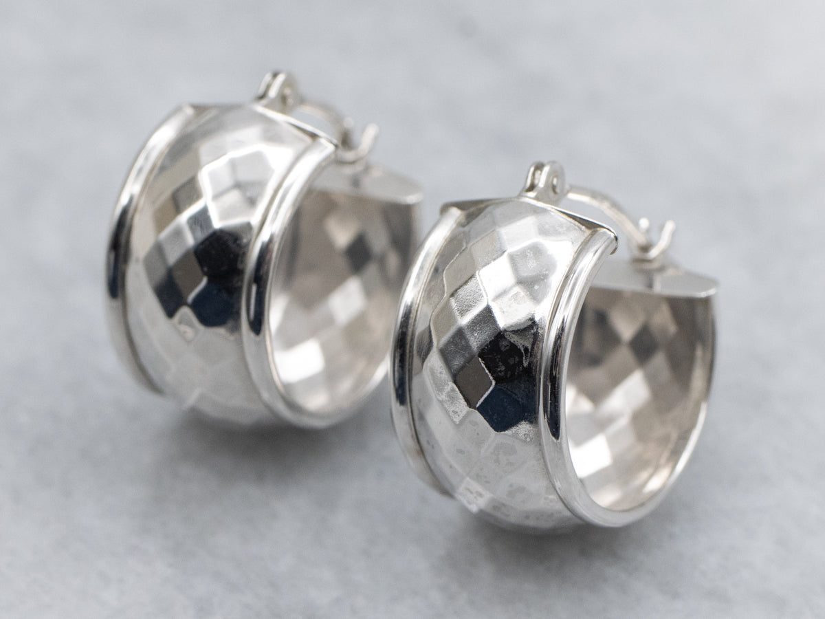 Wide Faceted White Gold Hoop Earrings