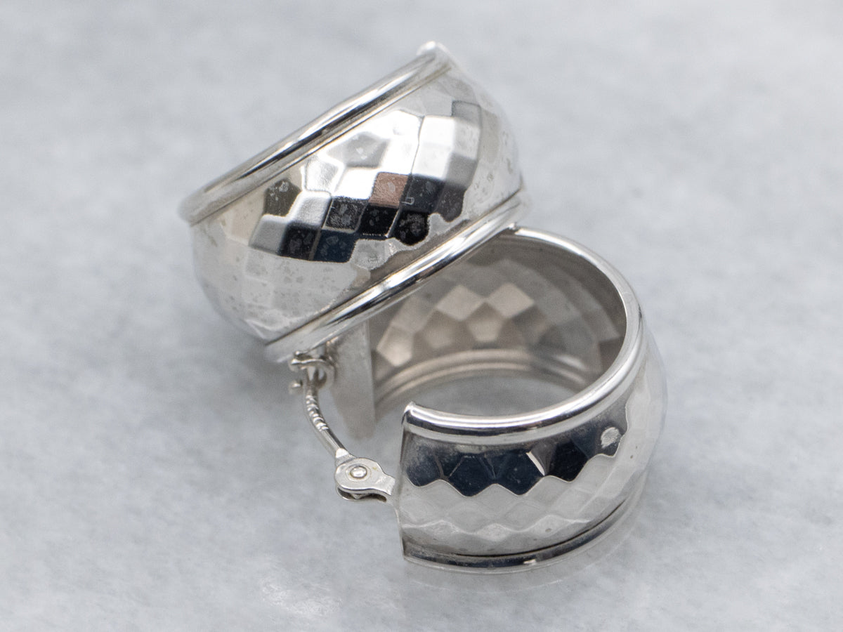 Wide Faceted White Gold Hoop Earrings