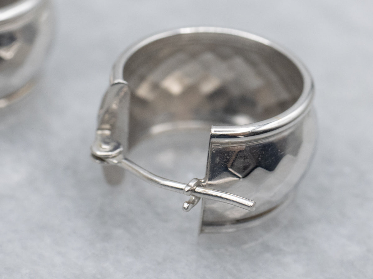 Wide Faceted White Gold Hoop Earrings