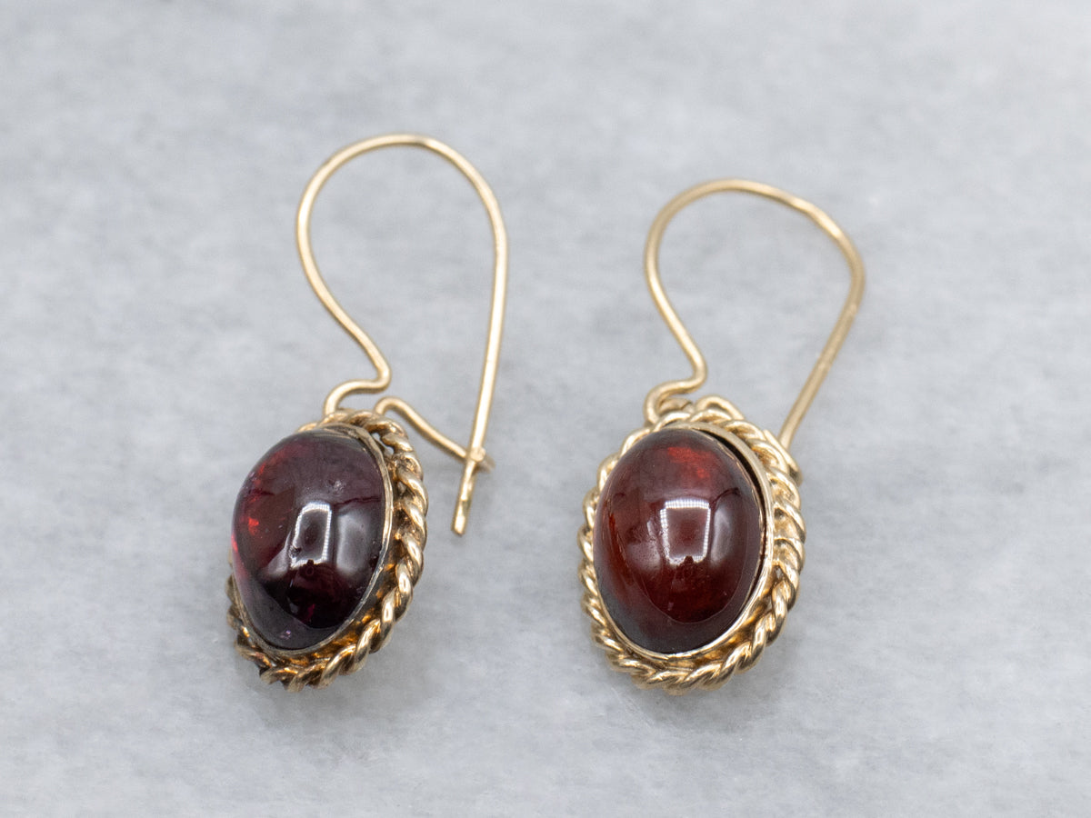 Vintage Garnet Cabochon Rope Twist Gold Drop Earrings