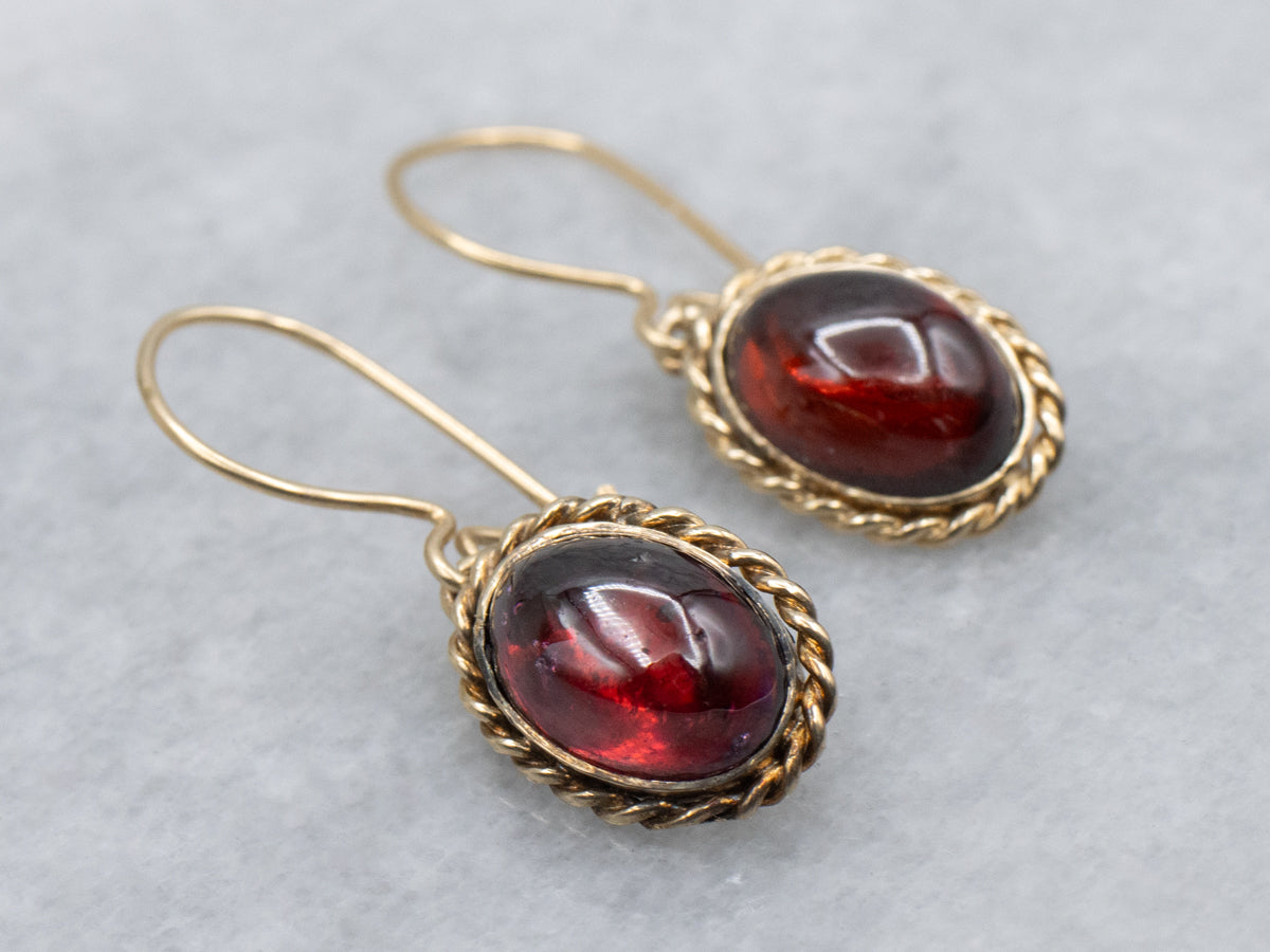Vintage Garnet Cabochon Rope Twist Gold Drop Earrings