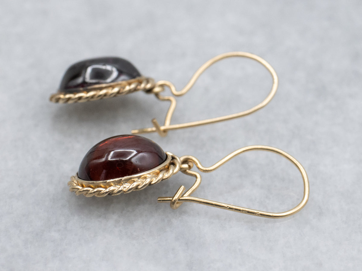 Vintage Garnet Cabochon Rope Twist Gold Drop Earrings