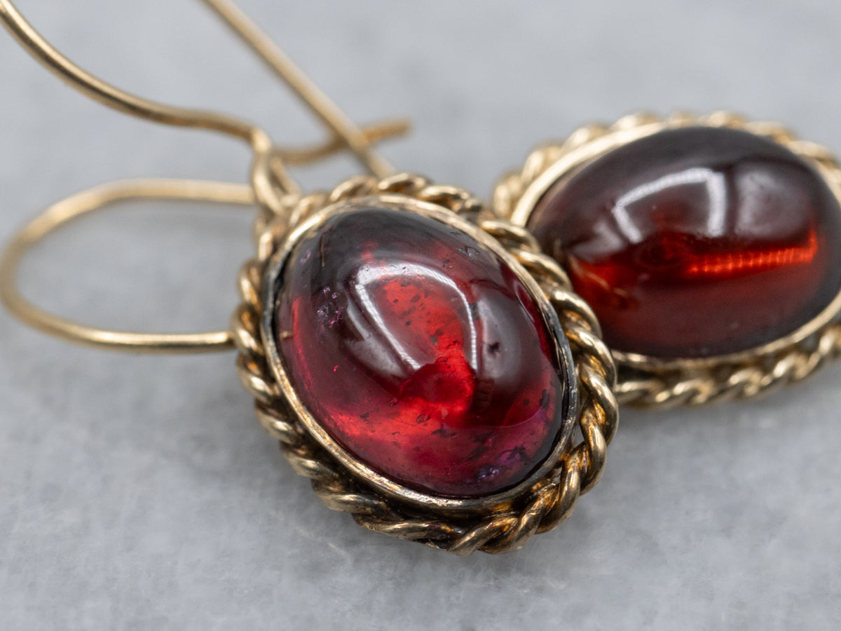 Vintage Garnet Cabochon Rope Twist Gold Drop Earrings