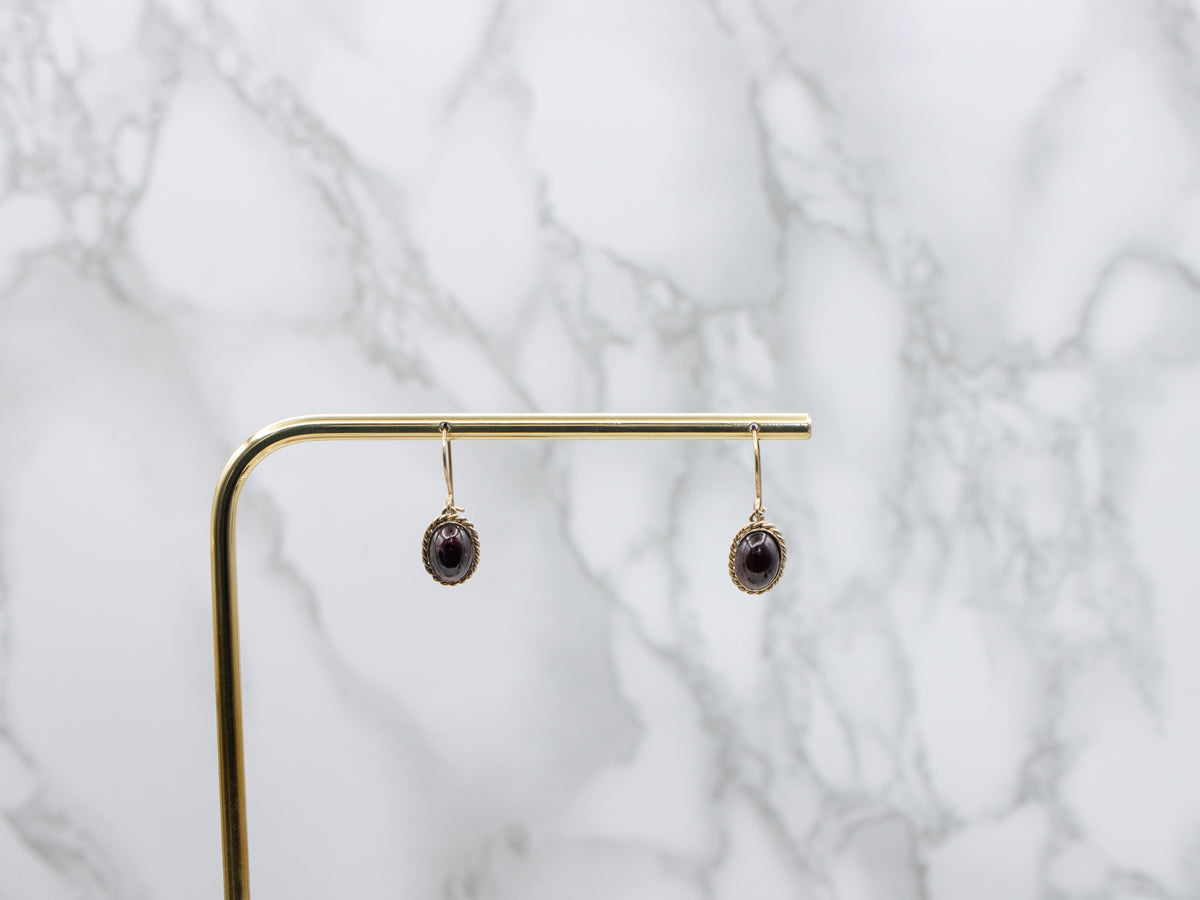 Vintage Garnet Cabochon Rope Twist Gold Drop Earrings
