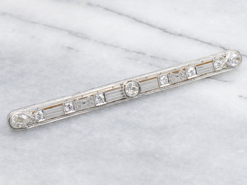 Antique J.E. Caldwell & Co. Old Mine Cut Diamond Platinum and Gold Bar Pin