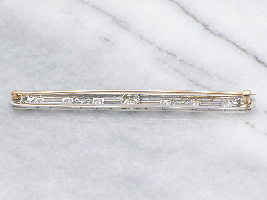 Antique J.E. Caldwell & Co. Old Mine Cut Diamond Platinum and Gold Bar Pin