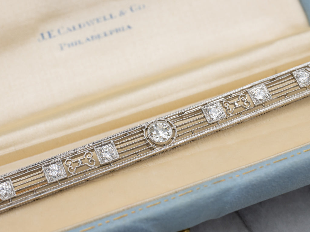 Antique J.E. Caldwell & Co. Old Mine Cut Diamond Platinum and Gold Bar Pin