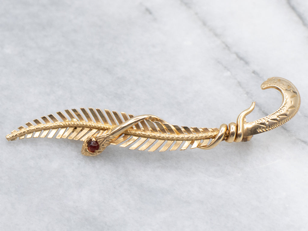 Victorian Revival Garnet Doublet Feather and Wrapped Snake Brooch