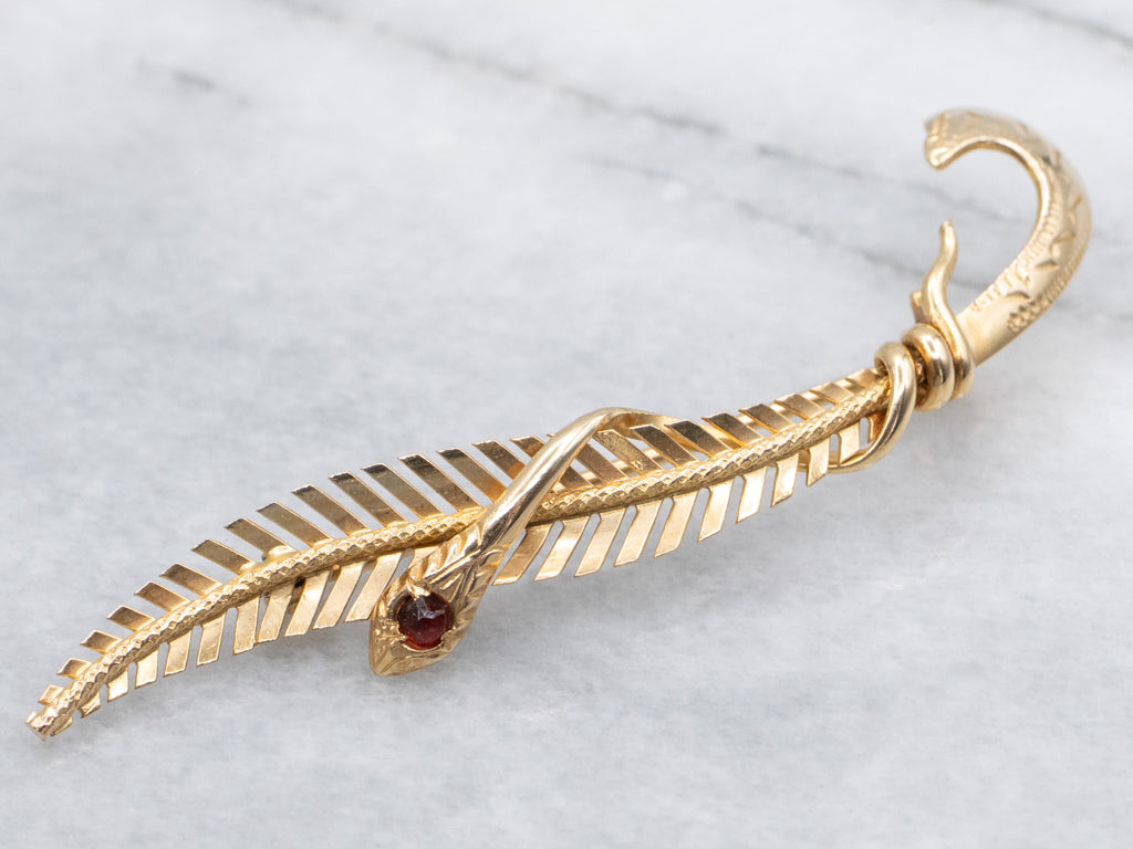 Victorian Revival Garnet Doublet Feather and Wrapped Snake Brooch