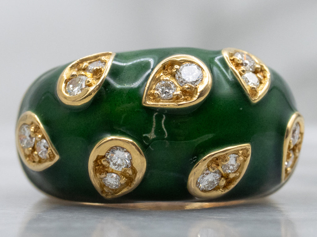 Mid-Century Diamond and Green Enamel 18-Karat Domed Band