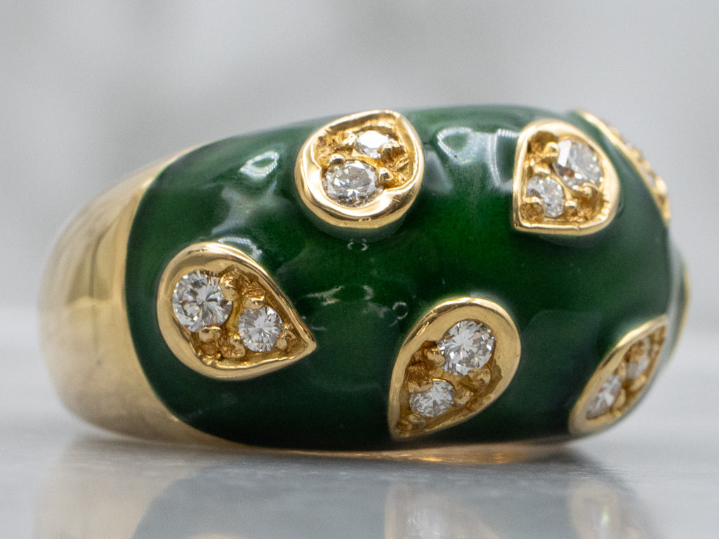 Mid-Century Diamond and Green Enamel 18-Karat Domed Band