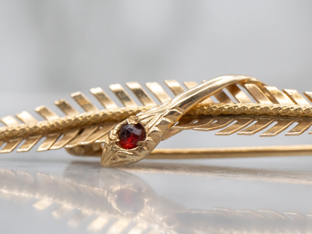 Victorian Revival Garnet Doublet Feather and Wrapped Snake Brooch