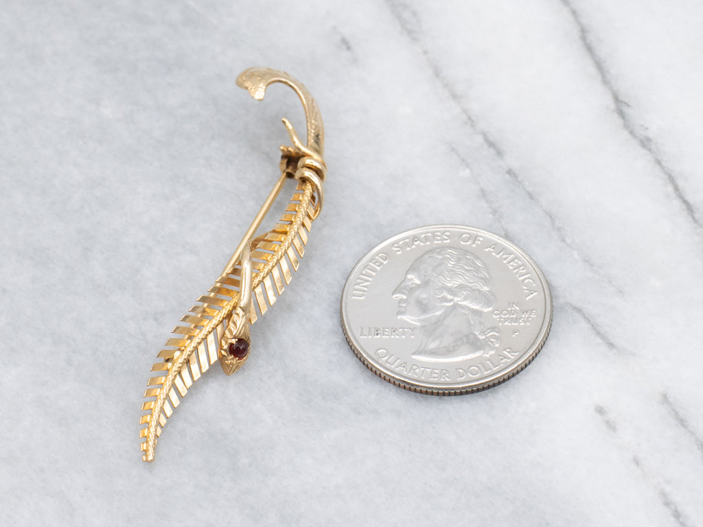 Victorian Revival Garnet Doublet Feather and Wrapped Snake Brooch