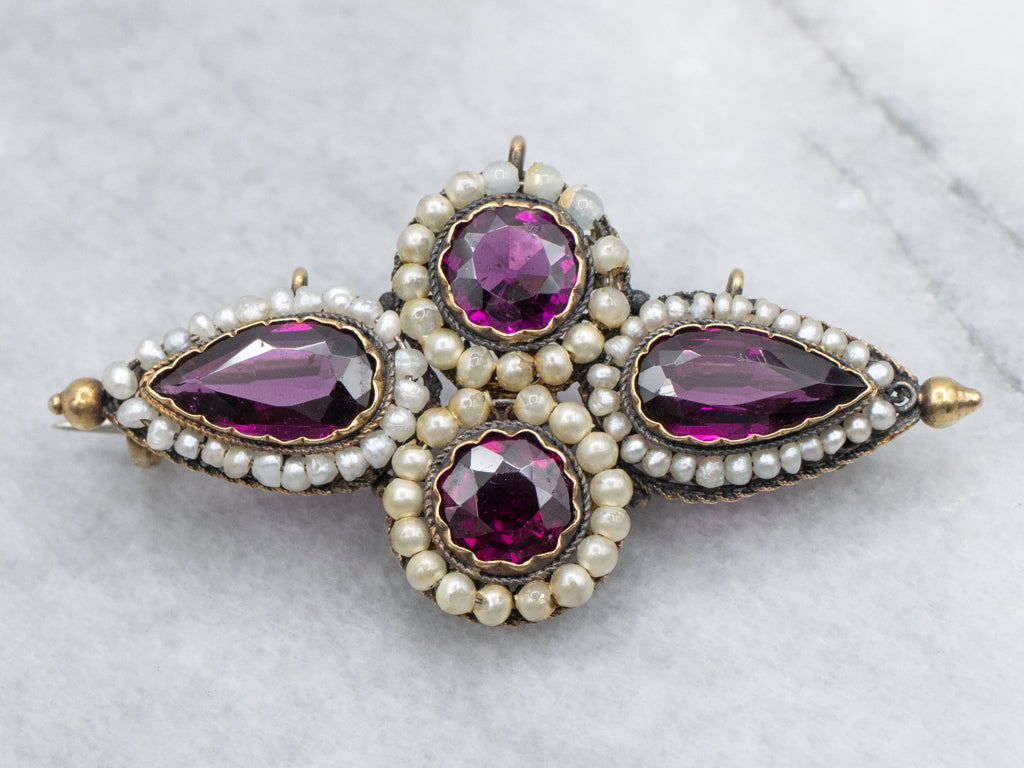 Georgian Era Rhodolite Garnet and Seed Pearl Watch Pin