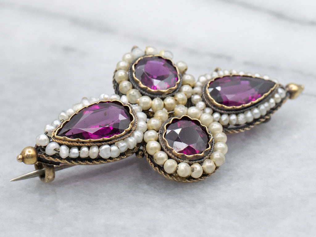 Georgian Era Rhodolite Garnet and Seed Pearl Watch Pin