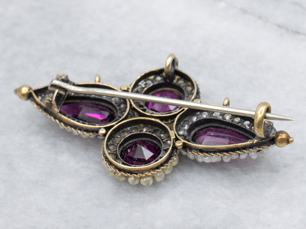 Georgian Era Rhodolite Garnet and Seed Pearl Watch Pin