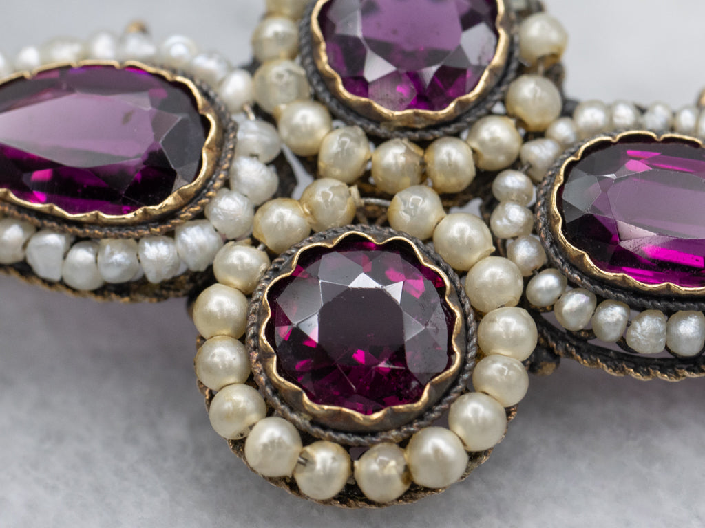 Georgian Era Rhodolite Garnet and Seed Pearl Watch Pin