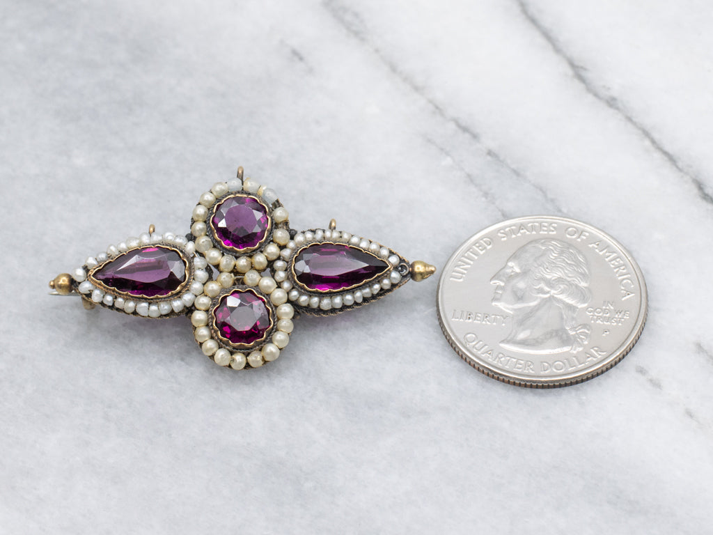 Georgian Era Rhodolite Garnet and Seed Pearl Watch Pin