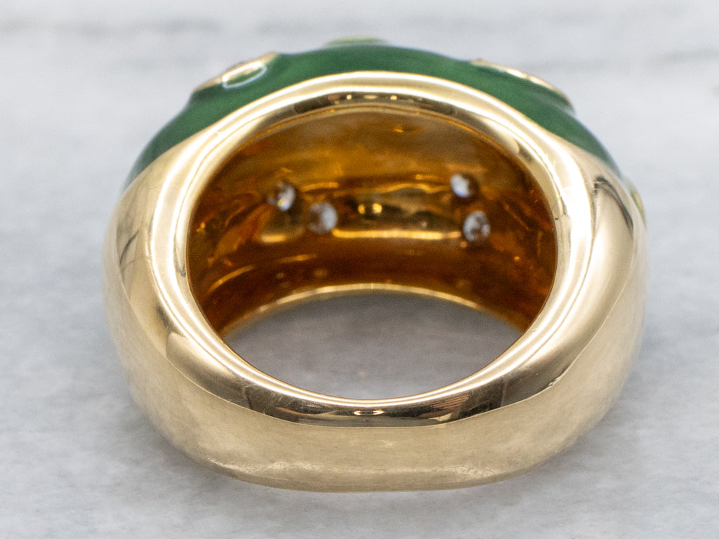 Mid-Century Diamond and Green Enamel 18-Karat Domed Band
