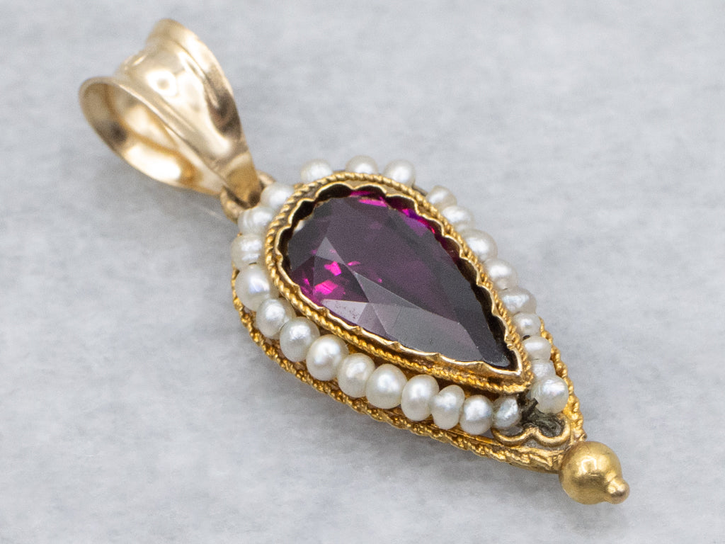 Antique Rhodolite Garnet and Seed Pearl Halo Gold Pendant