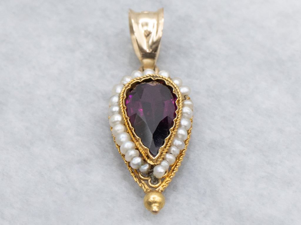 Antique Rhodolite Garnet and Seed Pearl Halo Gold Pendant