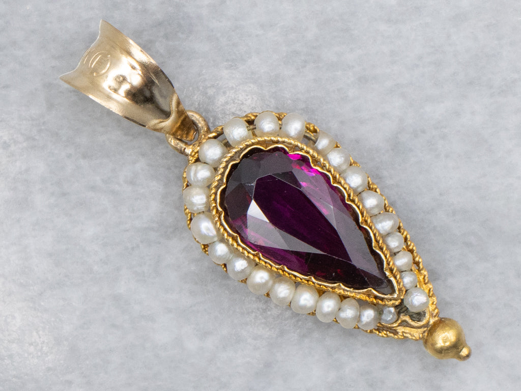 Antique Rhodolite Garnet and Seed Pearl Halo Gold Pendant