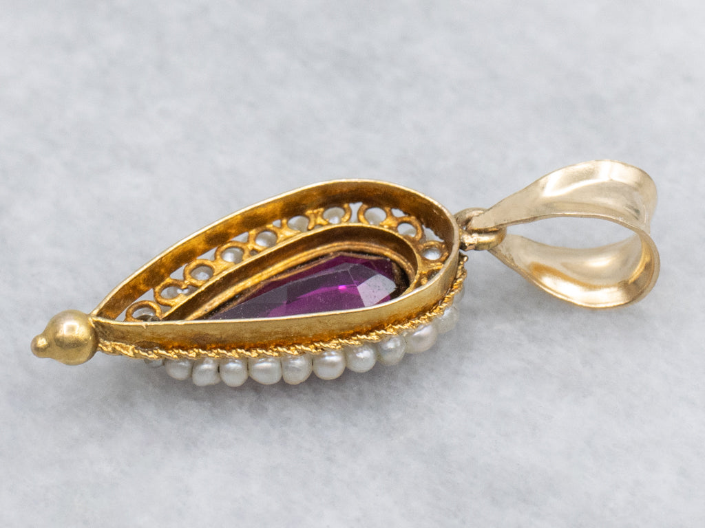 Antique Rhodolite Garnet and Seed Pearl Halo Gold Pendant