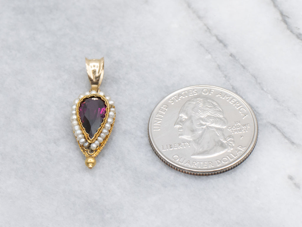 Antique Rhodolite Garnet and Seed Pearl Halo Gold Pendant