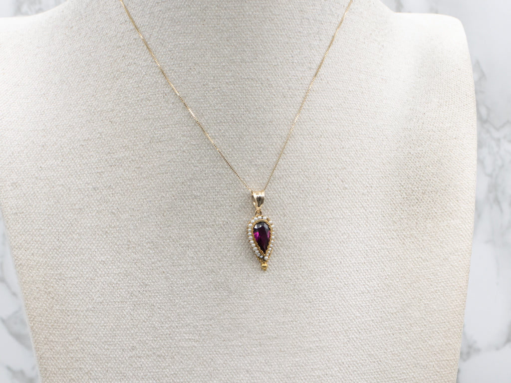 Antique Rhodolite Garnet and Seed Pearl Halo Gold Pendant