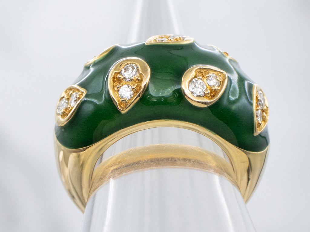 Mid-Century Diamond and Green Enamel 18-Karat Domed Band