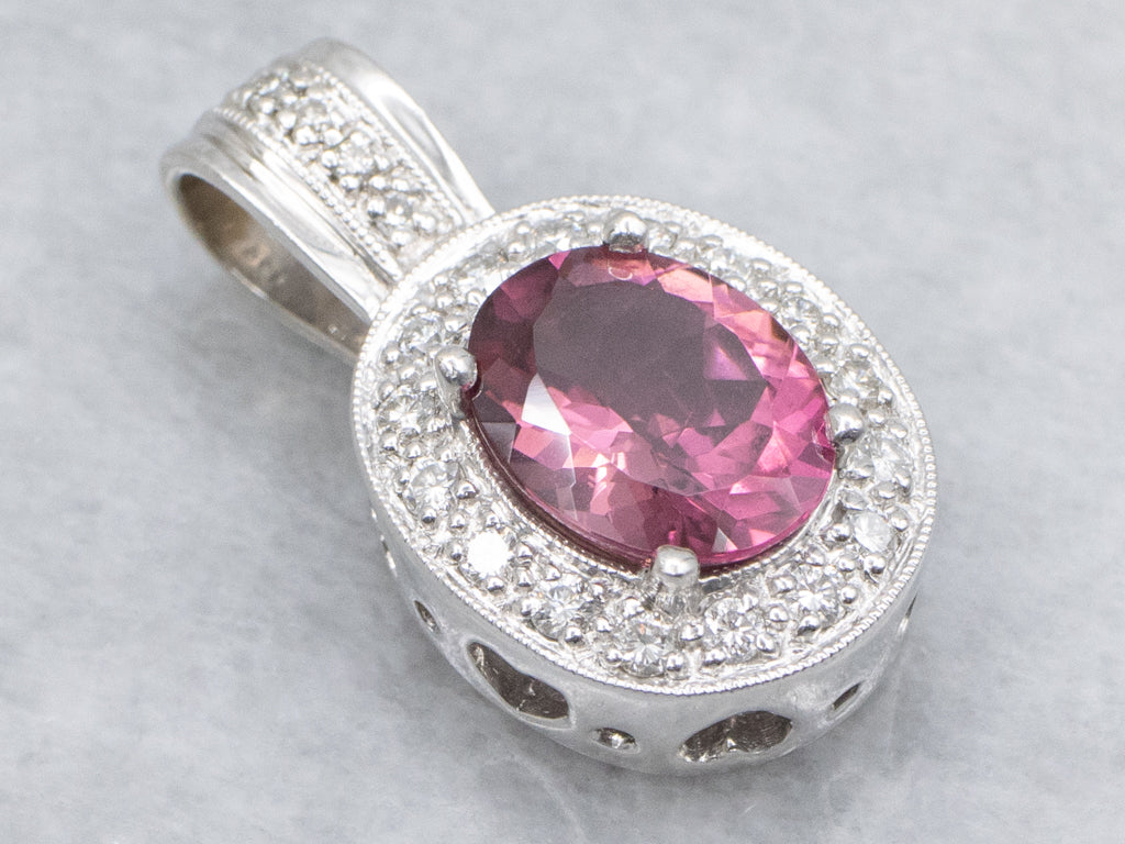 Modern Pink Tourmaline and Diamond Halo Sweetheart White Gold Pendant